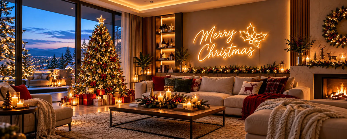 Warmweißes „Merry Christmas"-Neon-Sign als festlicher Blickfang in einem weihnachtlich dekorierten Wohnzimmer