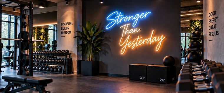 Motivierendes LED-Neonschild an der Wand eines Fitnessstudios als Blickfang und Foto-Spot.