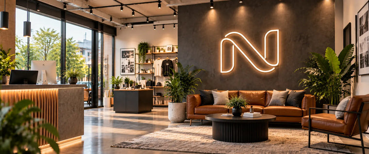 Leuchtendes Neon-Logo einer Marke als sofortiger Blickfang an einer Wand.
