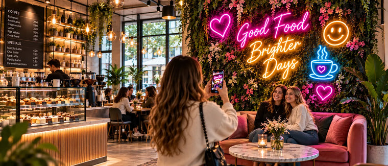 Café-Interieur mit verschiedenen Neon-Design-Stilen an Theke und Foto-Wand