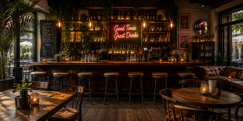 Stilvolle Cocktailbar mit leuchtendem LED-Neon-Schriftzug an der Back Bar hinter beleuchteten Flaschenregalen