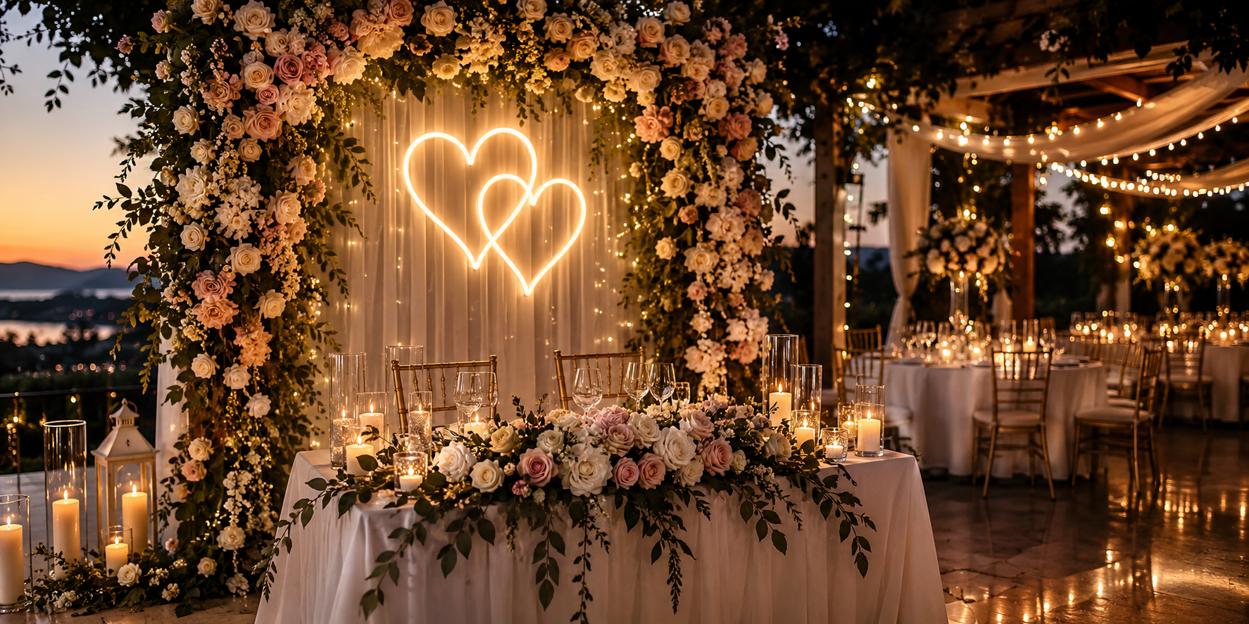 Personalisiertes warmweißes LED-Neon-Hochzeitsschild vor einer Blumenwand als Fotohintergrund