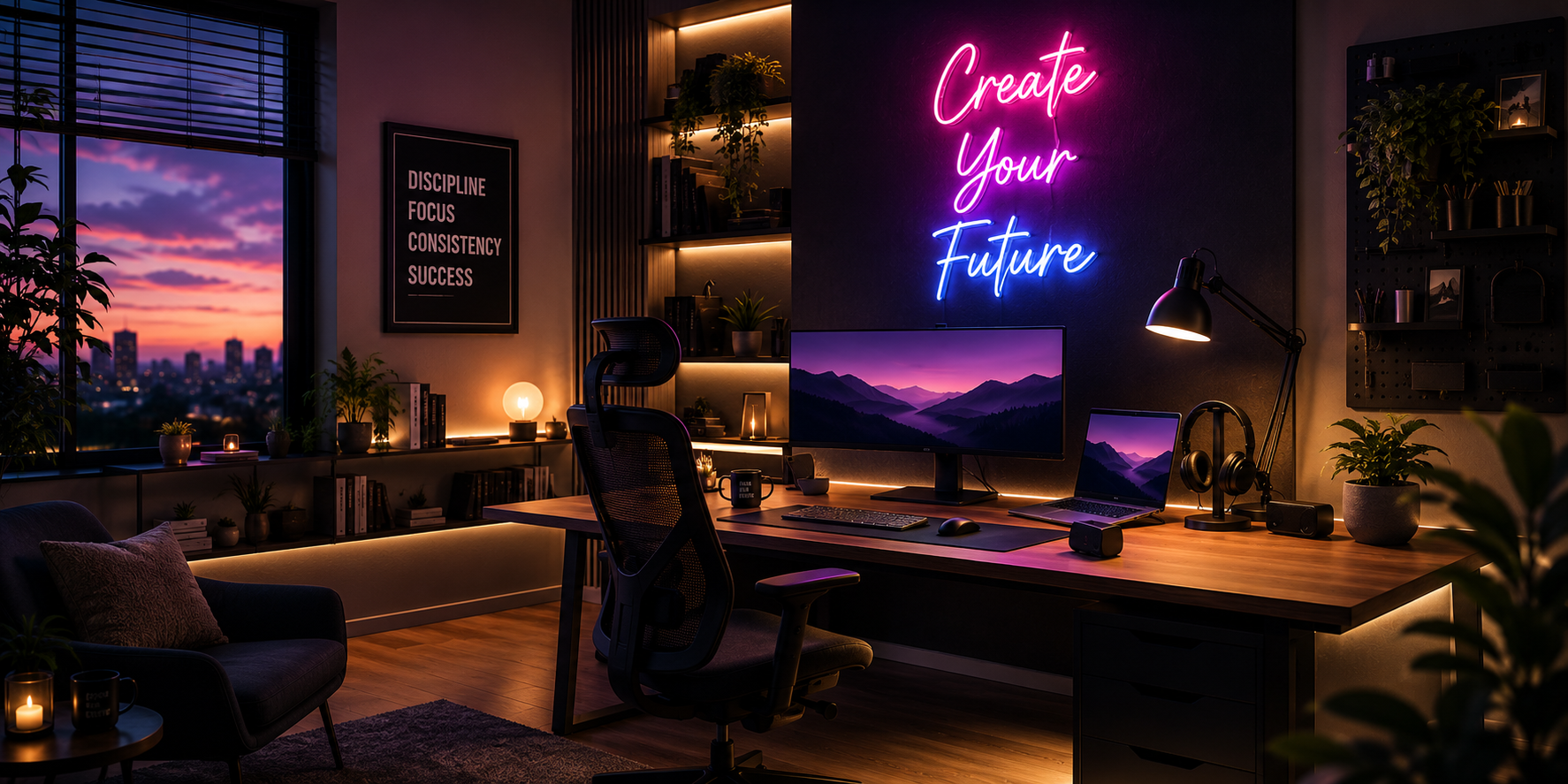 Modernes Home Office mit dezentem warmweißem LED-Neon-Schriftzug über dem Schreibtisch als Akzentwand