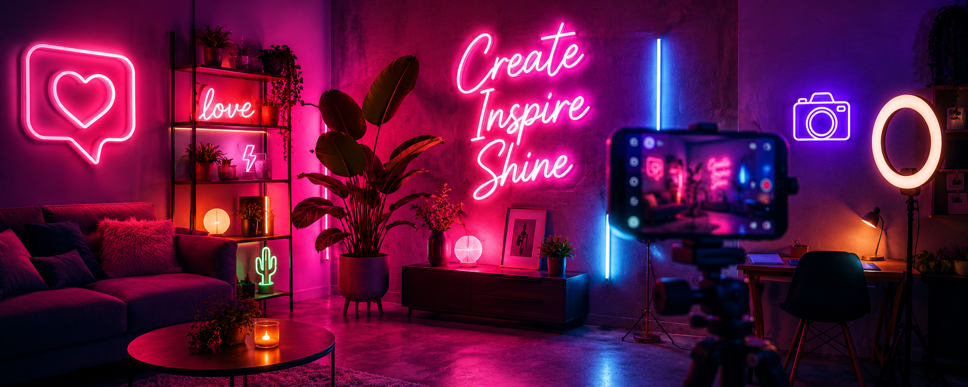 Stylische Instagram-Foto-Ecke mit leuchtendem LED-Neon-Schriftzug vor dunkler Wand