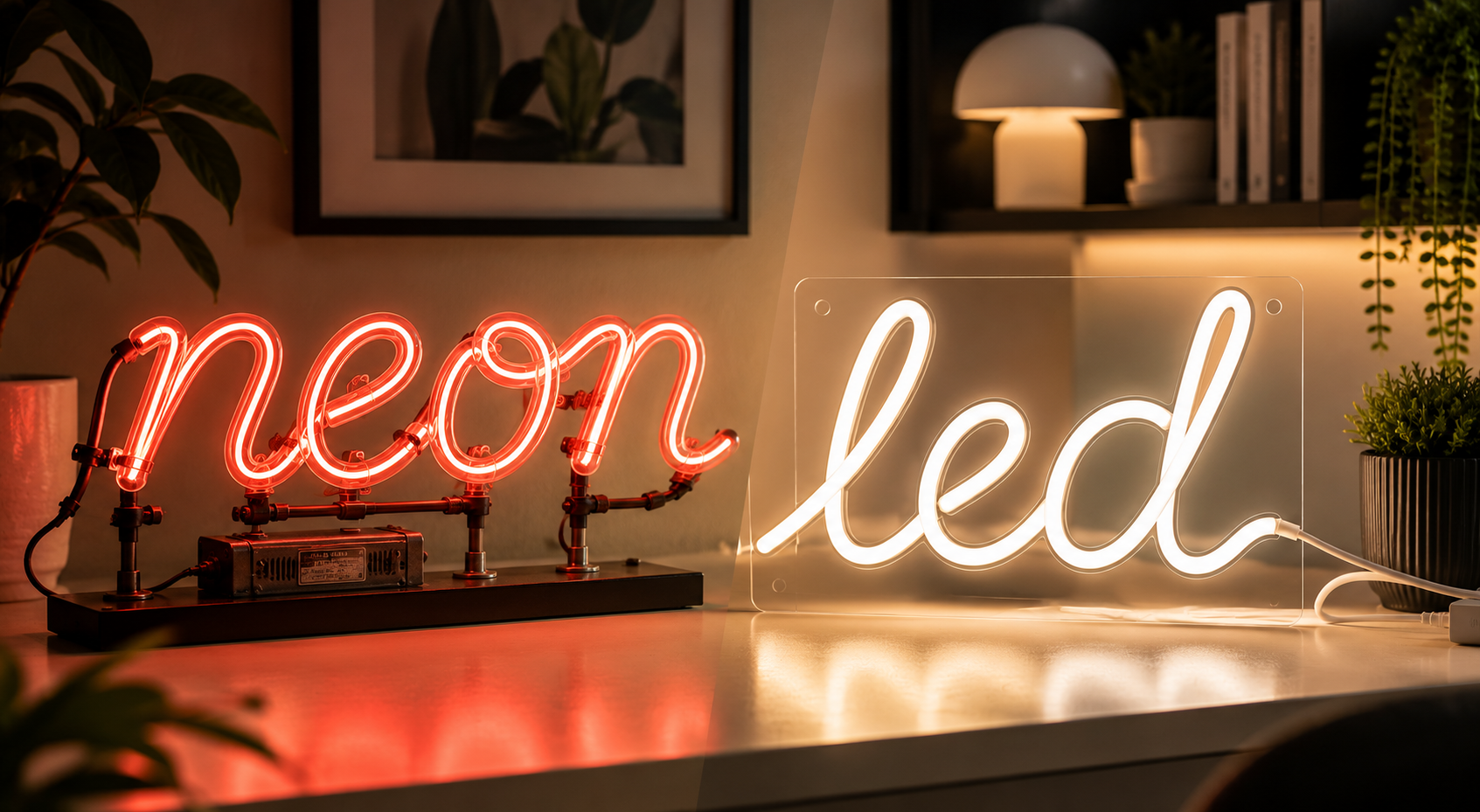 Vergleich: klassisches Glas-Neon-Schild neben modernem LED-Neon-Schild nebeneinander