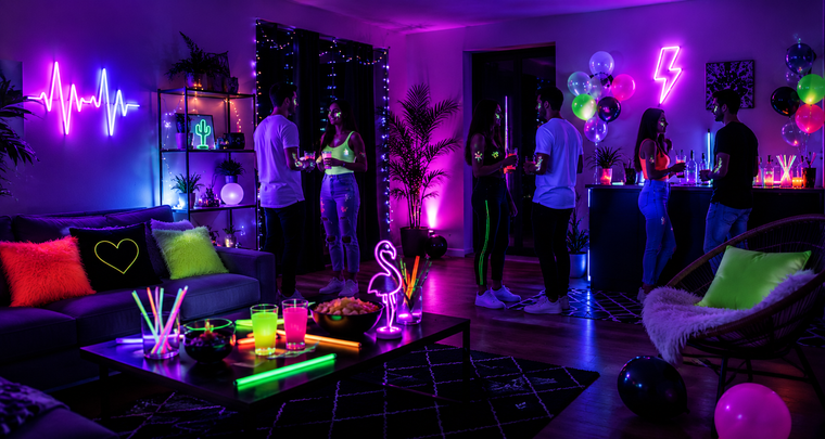 Wohnzimmer als Neon-Party mit Schwarzlicht, leuchtender Deko und fluoreszierenden Akzenten