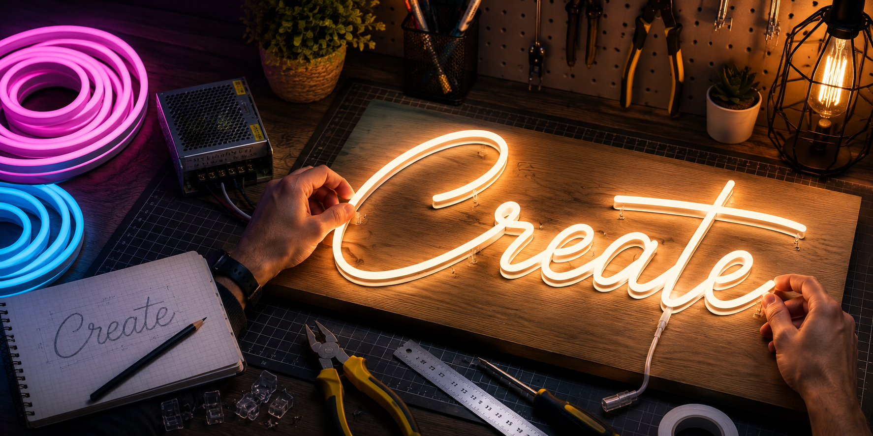 Person formt einen LED-Neon-Schlauch zu einem Schriftzug auf einer Holzplatte – DIY-Projekt