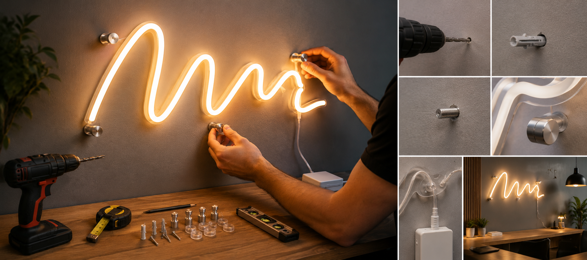 Person montiert ein LED-Neonschild mit Abstandshaltern gerade an einer Wand